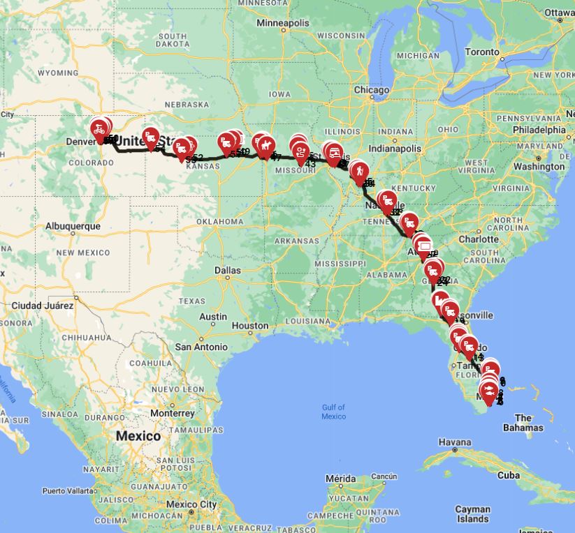 Miami to Denver  with a Motorhome full trip route planner